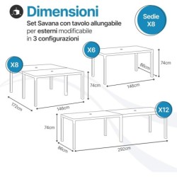 Set Savana 8 Sedie con Tavolo da Giardino Allungabile