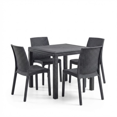 Tavolo e sedie da giardino in plastica effetto rattan - Set Elba 4 sedie e 1 tavolo quadrato casa terrazzo giardino esterno bar