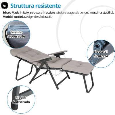 Sdraio Reclinabile 180° Acciaio Rinforzato Poltrona con Cuscino – Lettino Relax Premium Metalfar
