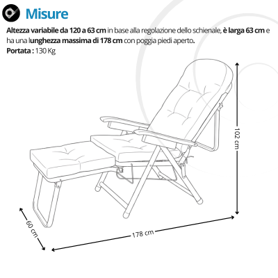 Sdraio Reclinabile 180° Acciaio Rinforzato Poltrona con Cuscino – Lettino Relax Premium Metalfar
