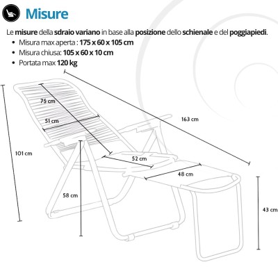 Sdraio cordonata con schienabile regolabile e poggiapiedi, lettino spaghetti – TOMAINO