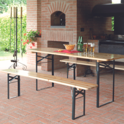 Set birreria, tavolo e panchine in legno e ferro, pieghevole, fiere, eventi, mercati, picnic, campeggio – TOMAINO