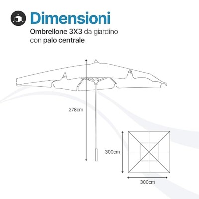 Ombrellone 3x3 in Legno De Lux | Palo Unico Ø48 mm