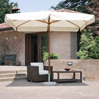 Ombrellone da giardino 3×3, quadrato, palo unico in legno centrale, telo color ecrù 230gr  – 4002 – Tomaino