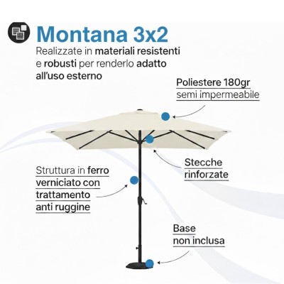Ombrellone 3x2 Alluminio Antracite | Rettangolare 300x200 con Manovella