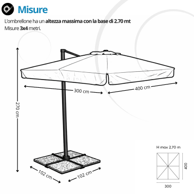 Ombrellone rettangolare 3×3 a palo laterale in alluminio con maniglione e telo 240gr resinato ecrù – Bordigehra