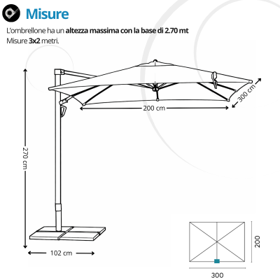 Ombrellone da giardino 3×2 rettangolare braccio palo laterale in alluminio 5015