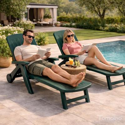 coppia di lettini da giardino resistenti - foto con 2 persone che leggono libro