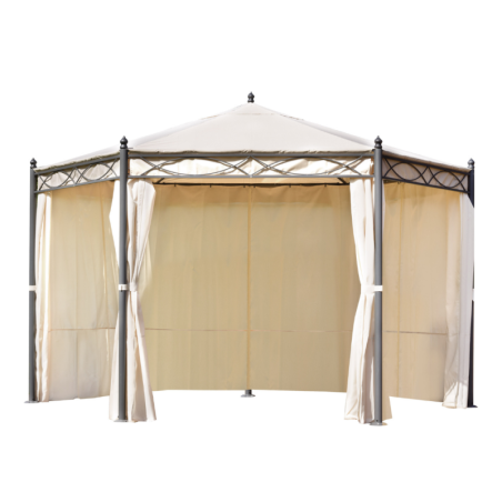Gazebo in ferro esagonale  ∅  4m con zanzariere e tende laterali – GAZ370 – Tomaino