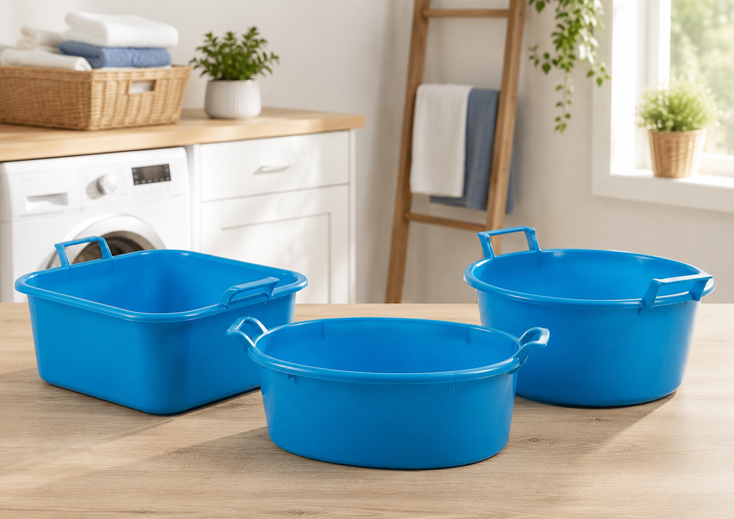 Bacinelle e catini in plastica di diverse forme e capacità per bucato e pulizia della casa