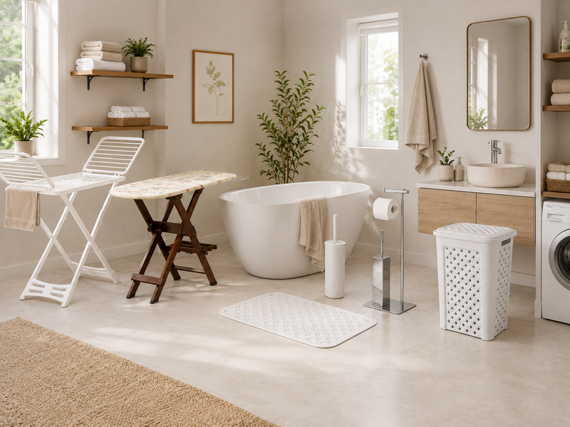 Accessori bagno con portascopino, pattumiera, tappeto doccia e portabiancheria