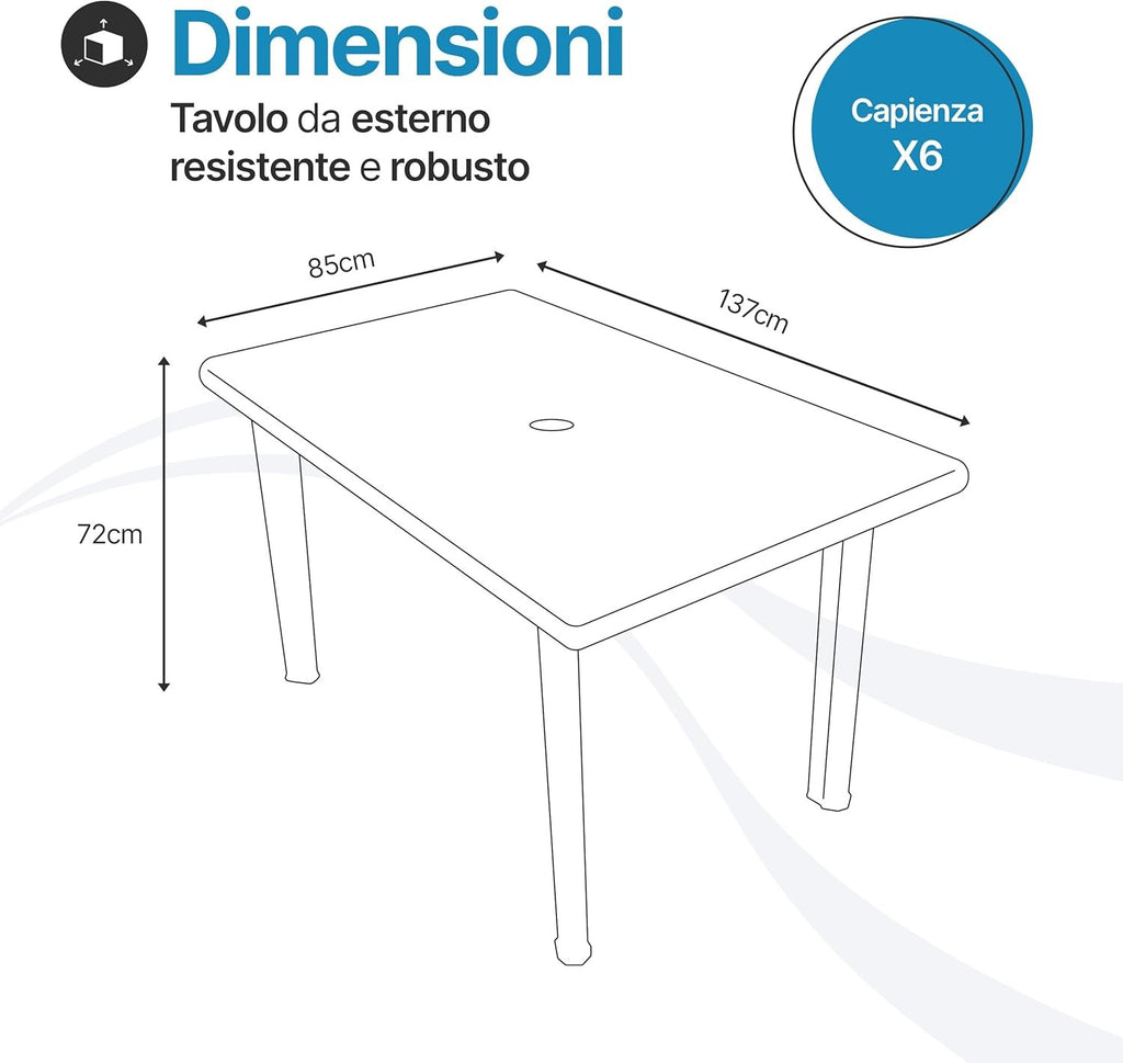 Tavolo da giardino in plastica 6 posti con foro ombrellone – Cayman Bica