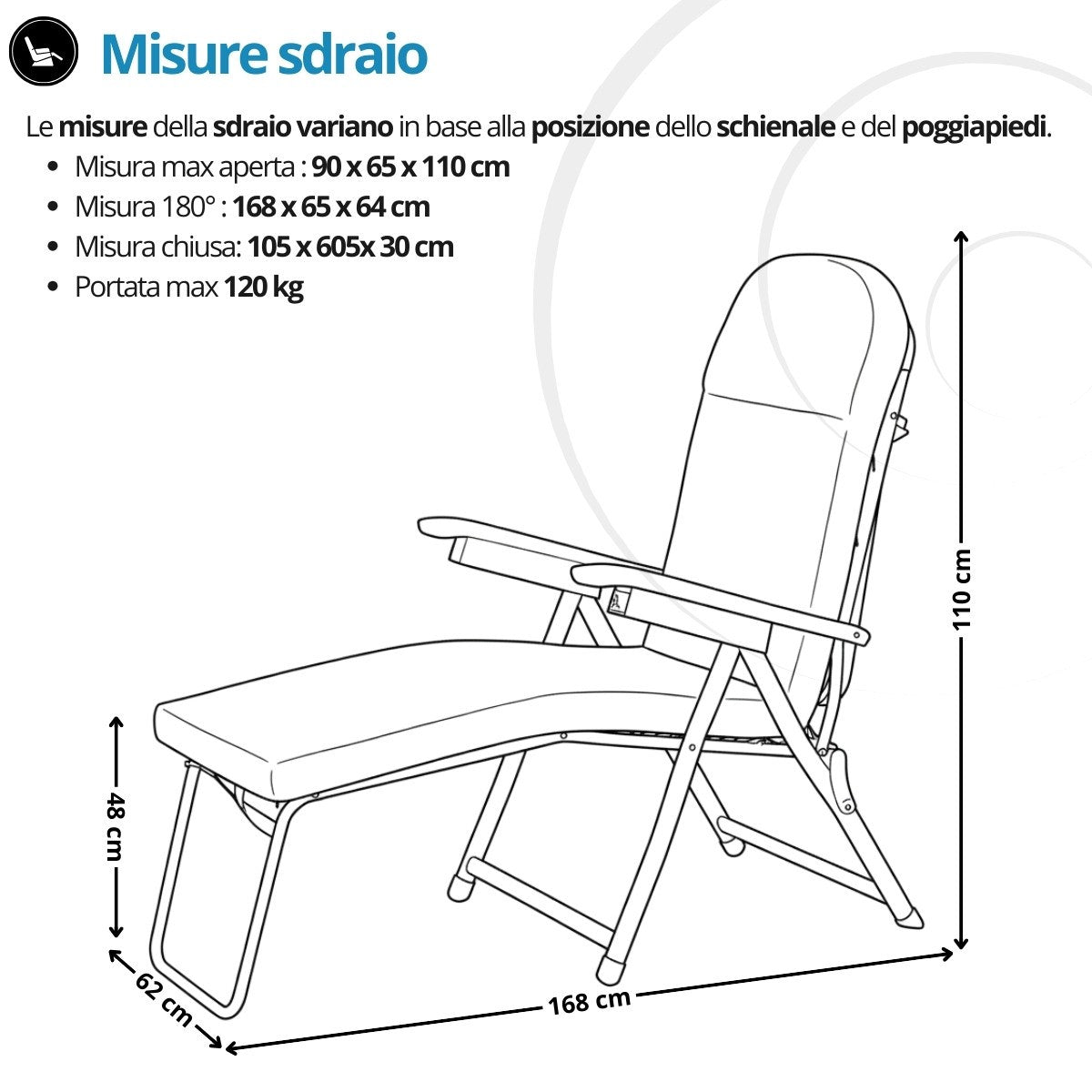 Sdraio Barbara reclinabile 180° cuscino imbottito – Metal Far