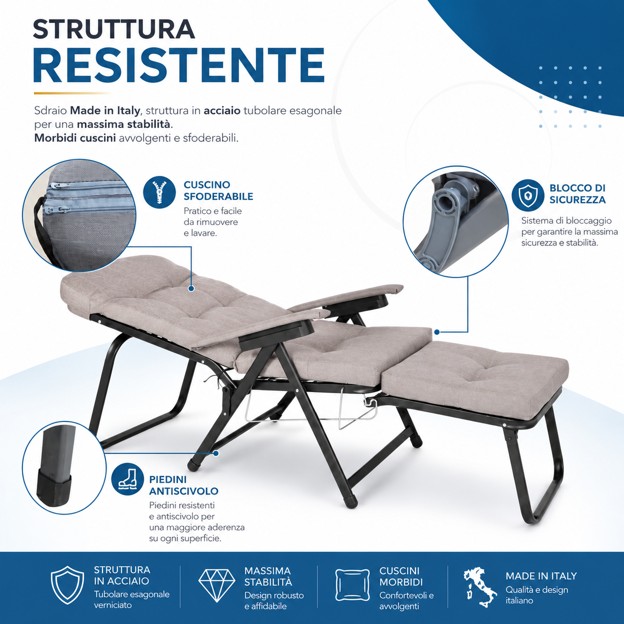 Sdraio Anna Premium struttura resistente in acciaio con blocco di sicurezza