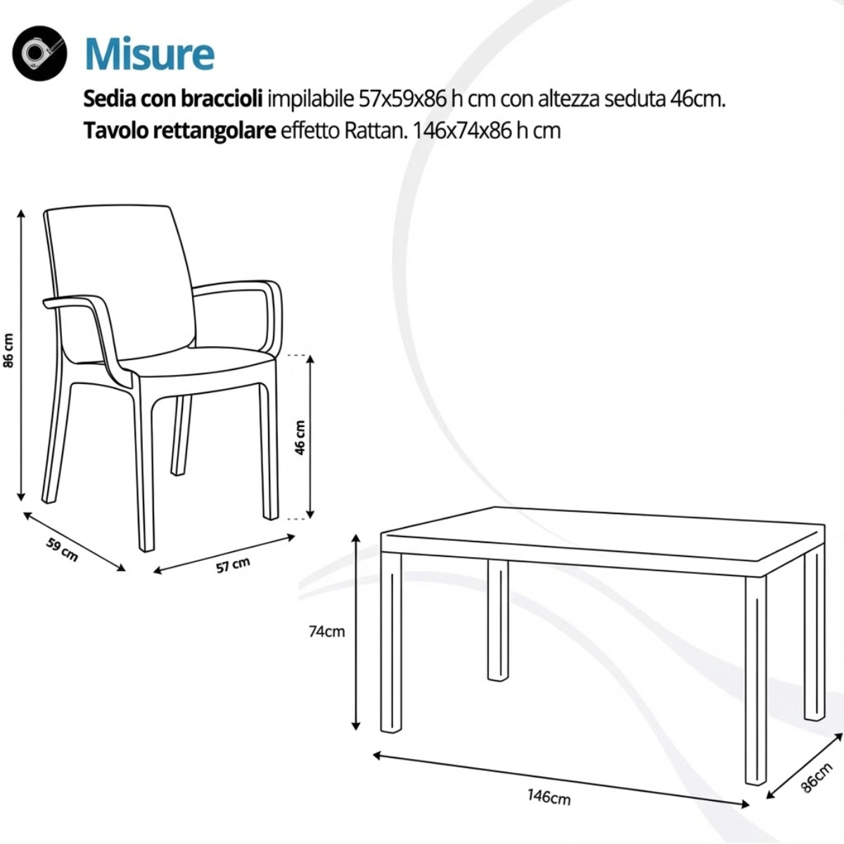 Tavolo e sedie da giardino in plastica con braccioli - Set Brooklyn
