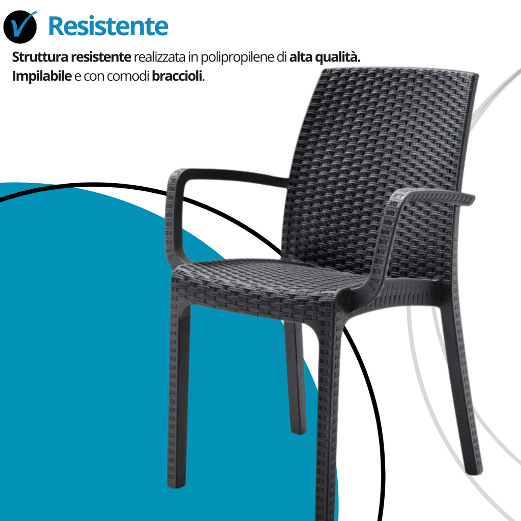 Tavolo e sedie da giardino in plastica con braccioli - Set Brooklyn