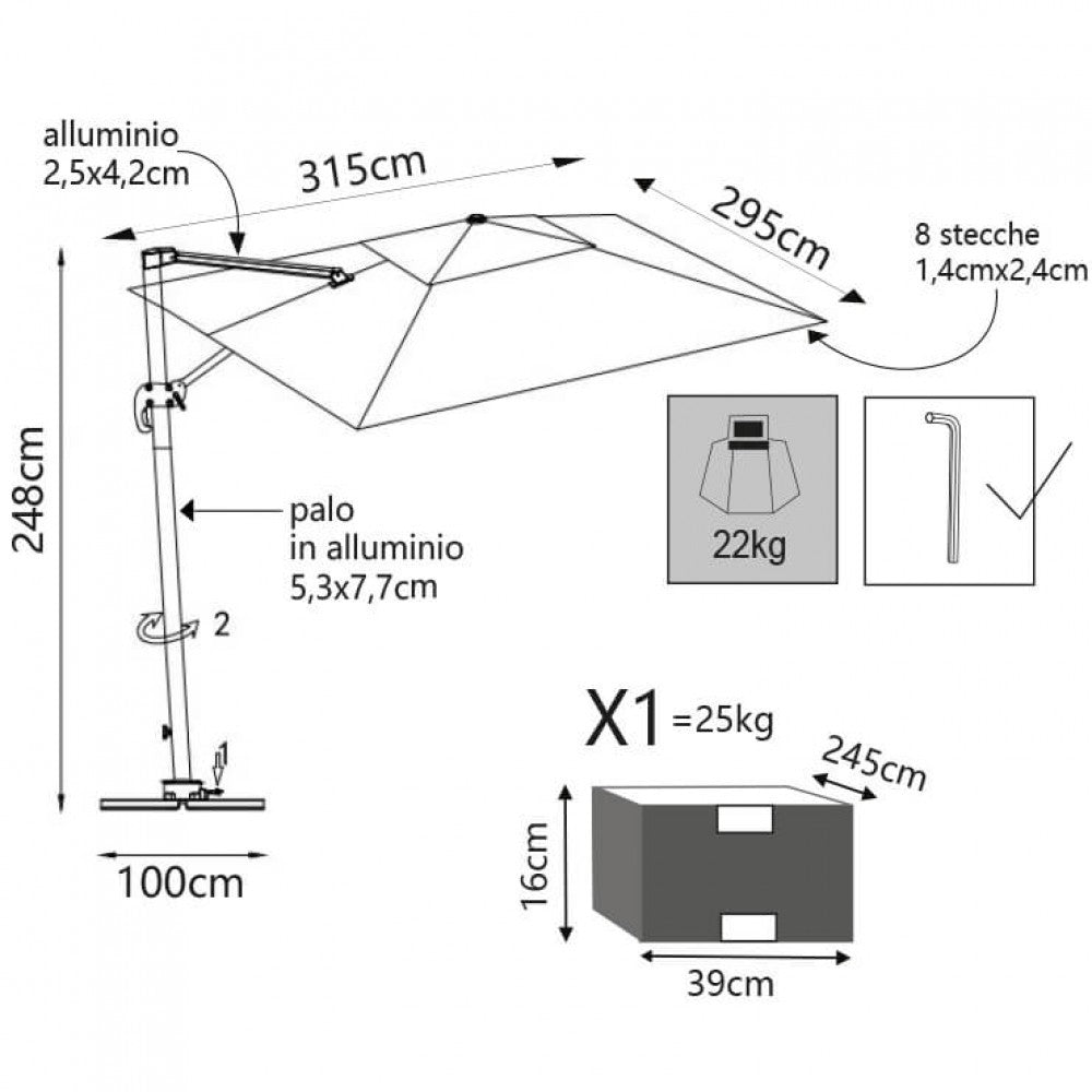 OMBRELLONE CON LED 3 X 3 PITAGORA BIANCO TELO BIANCO
