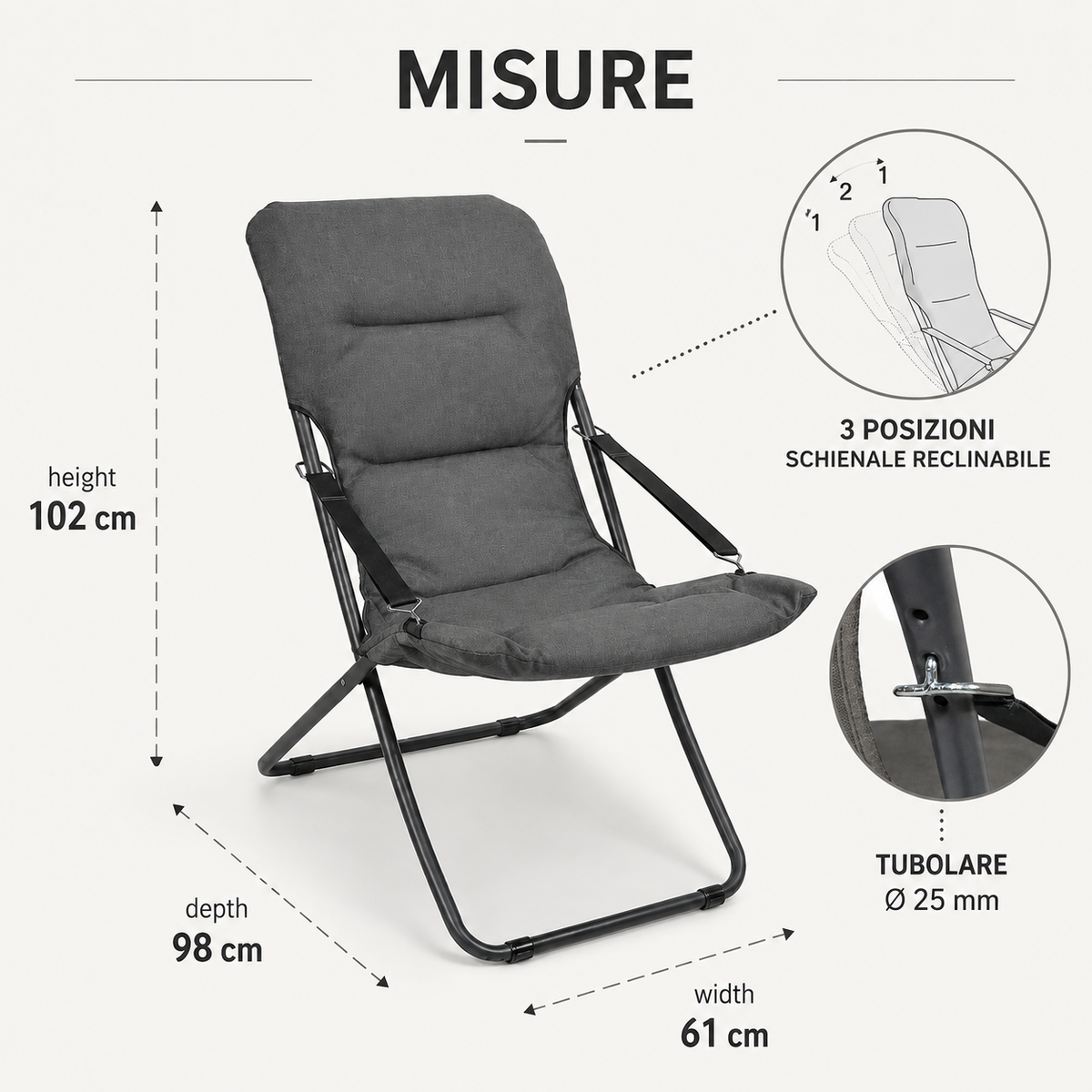 Misure poltrona canapone Floris 61x98x102 cm con schienale reclinabile