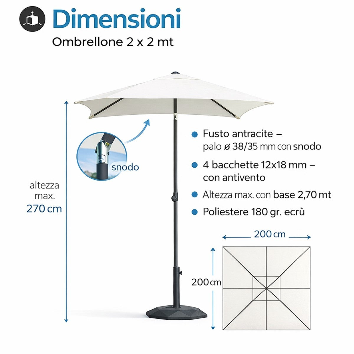 Ombrellone 2x2 Quadrato in Alluminio  - 5040