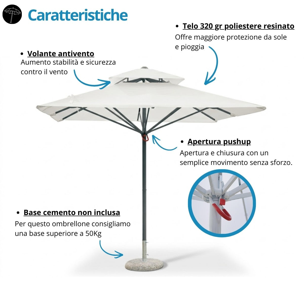 Ombrellone palo centrale 4x4 in alluminio Push Up - E5050