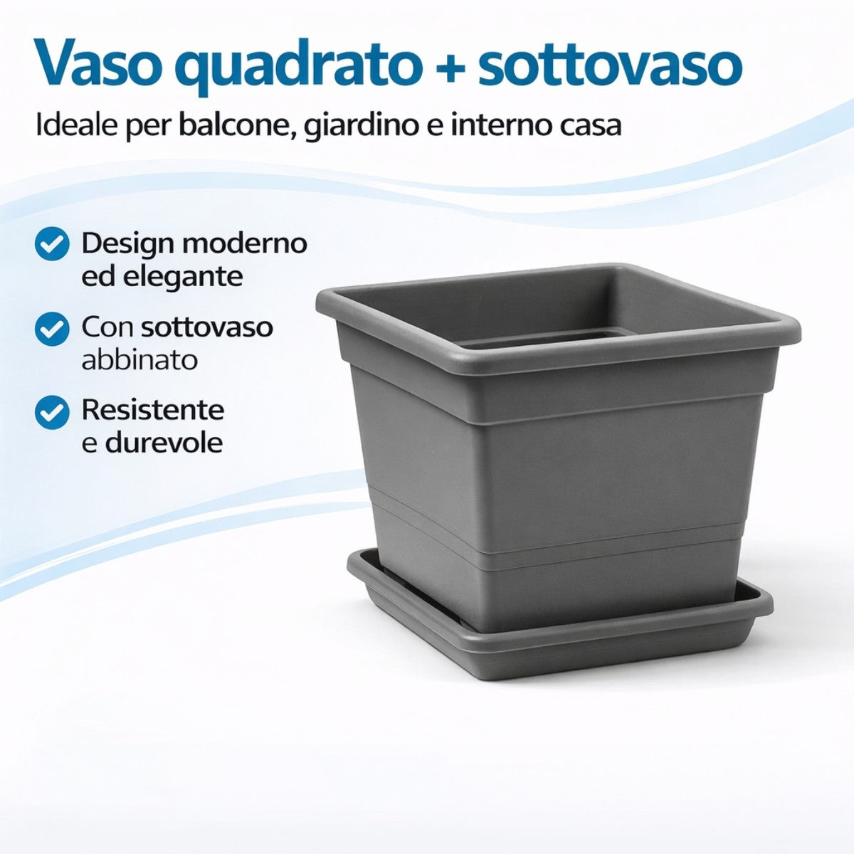 Vaso quadrato in plastica con sottovaso - Varie misure