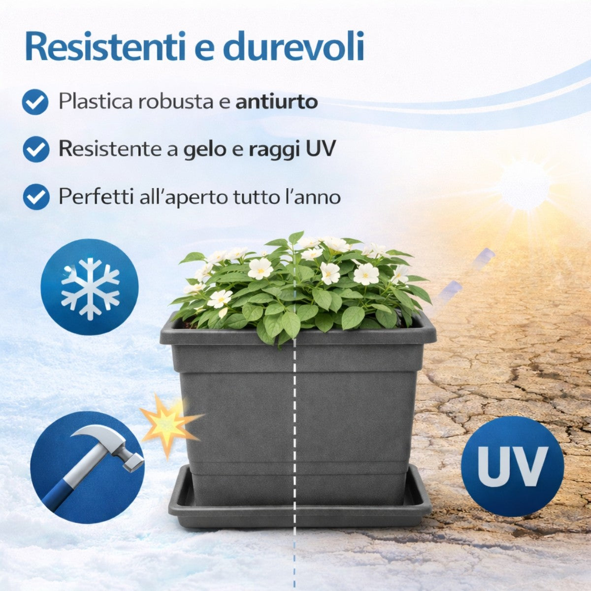 Vaso quadrato in plastica con sottovaso - Varie misure