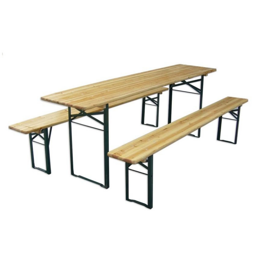 Set birreria, tavolo e panchine in legno e ferro, pieghevole, fiere, eventi, mercati, picnic, campeggio – TOMAINO