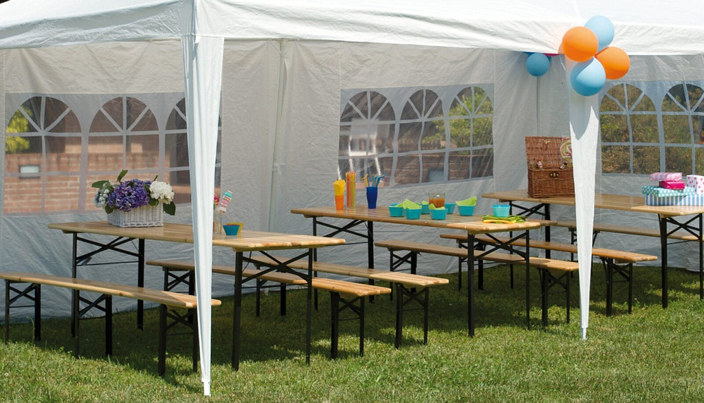 Set birreria, tavolo e panchine in legno e ferro, pieghevole, fiere, eventi, mercati, picnic, campeggio – TOMAINO