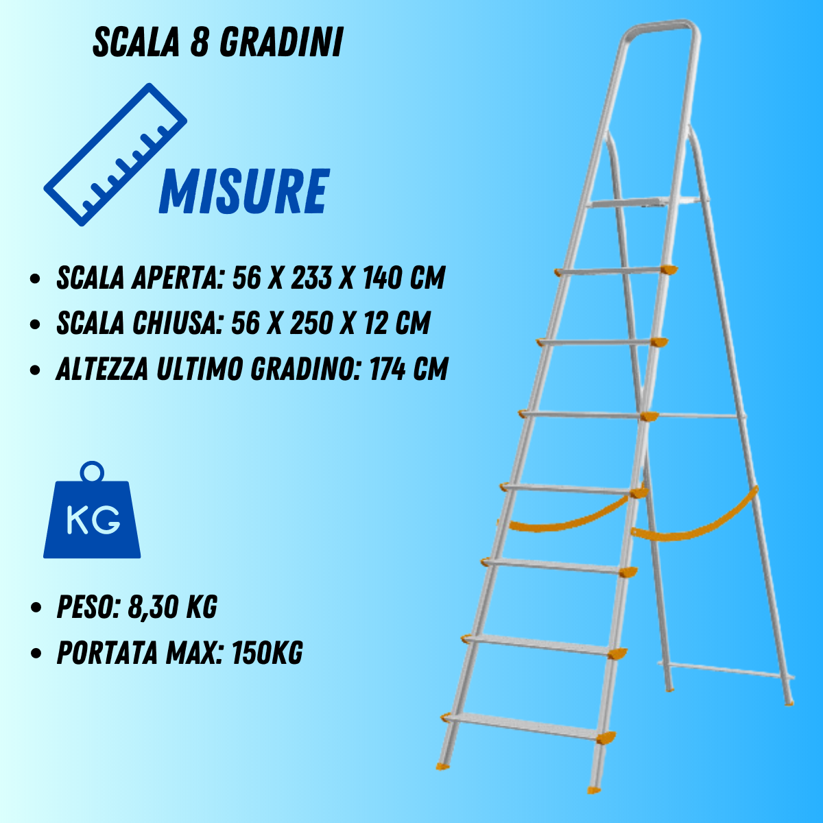 Scala in alluminio pieghevole 3 4 5 6 7 8 gradini