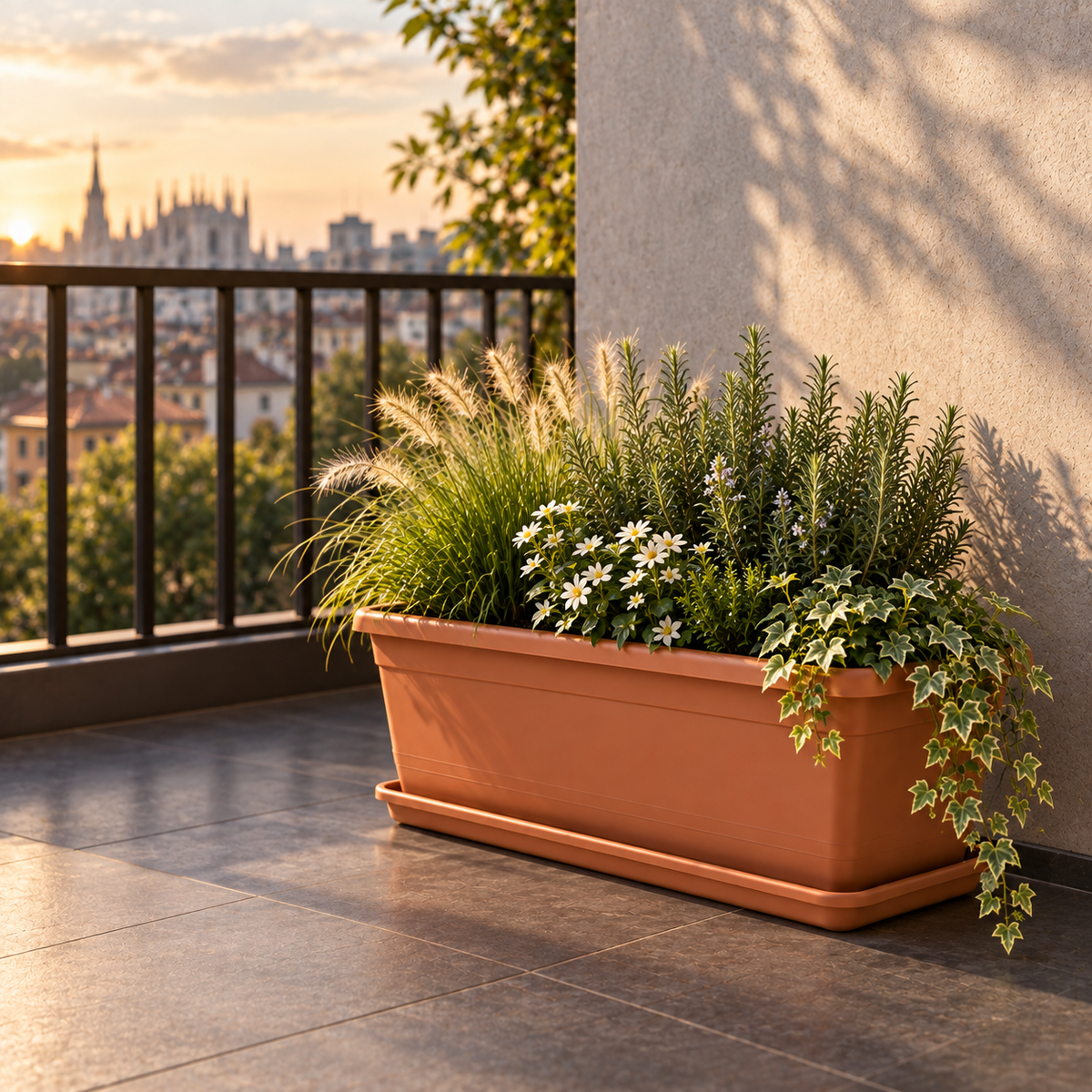 Vaso rettangolare ambientato su un terrazzo moderno con dentro delle piante. Anthea 