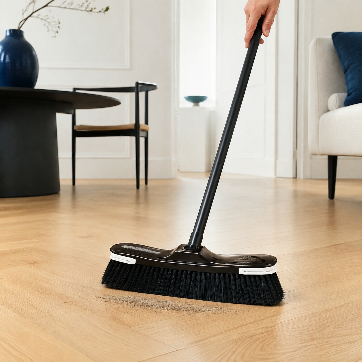 Scopa con setole naturali utilizzata delicatamente su pavimento in parquet