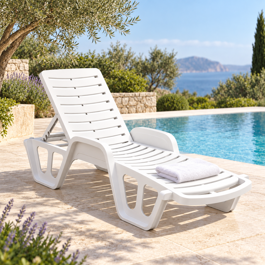 Lettino fisso bianco a bordo piscina