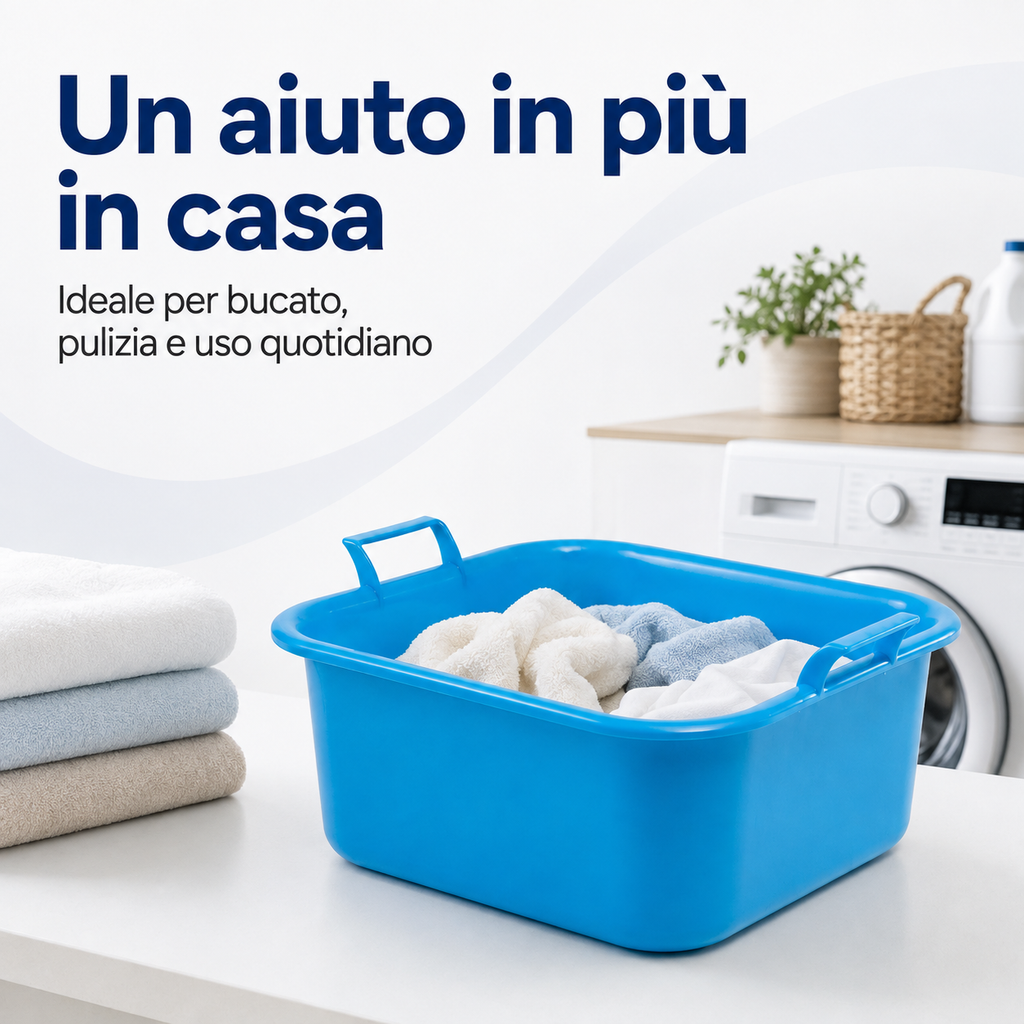 Bacinella in plastica blu utilizzata per bucato e pulizia della casa