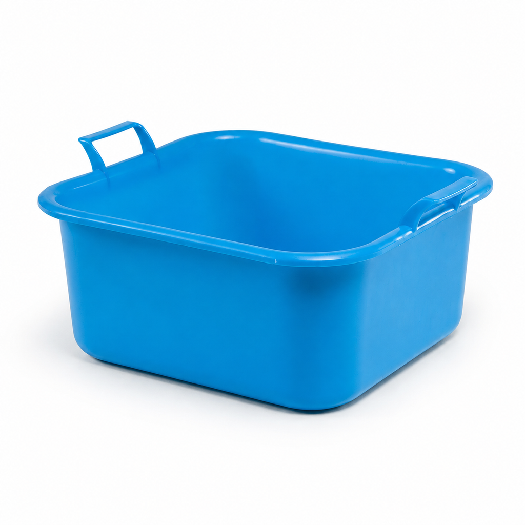Bacinella quadrata in plastica blu con manici ergonomici