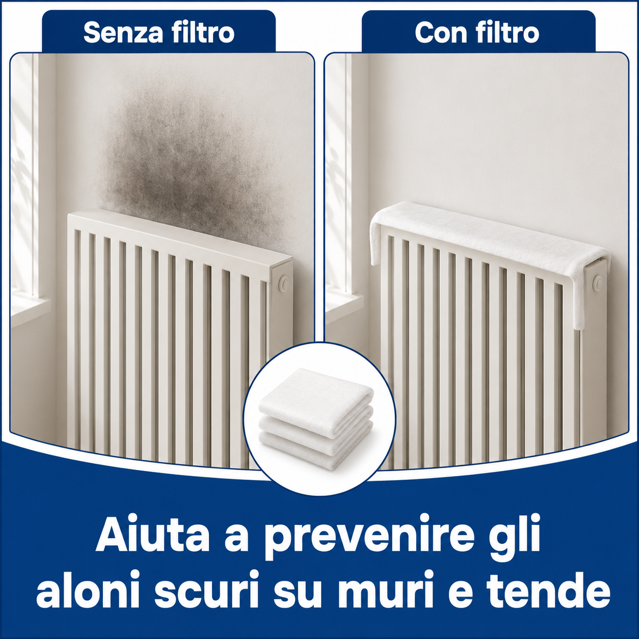 Confronto parete sopra il termosifone senza filtro e con filtro