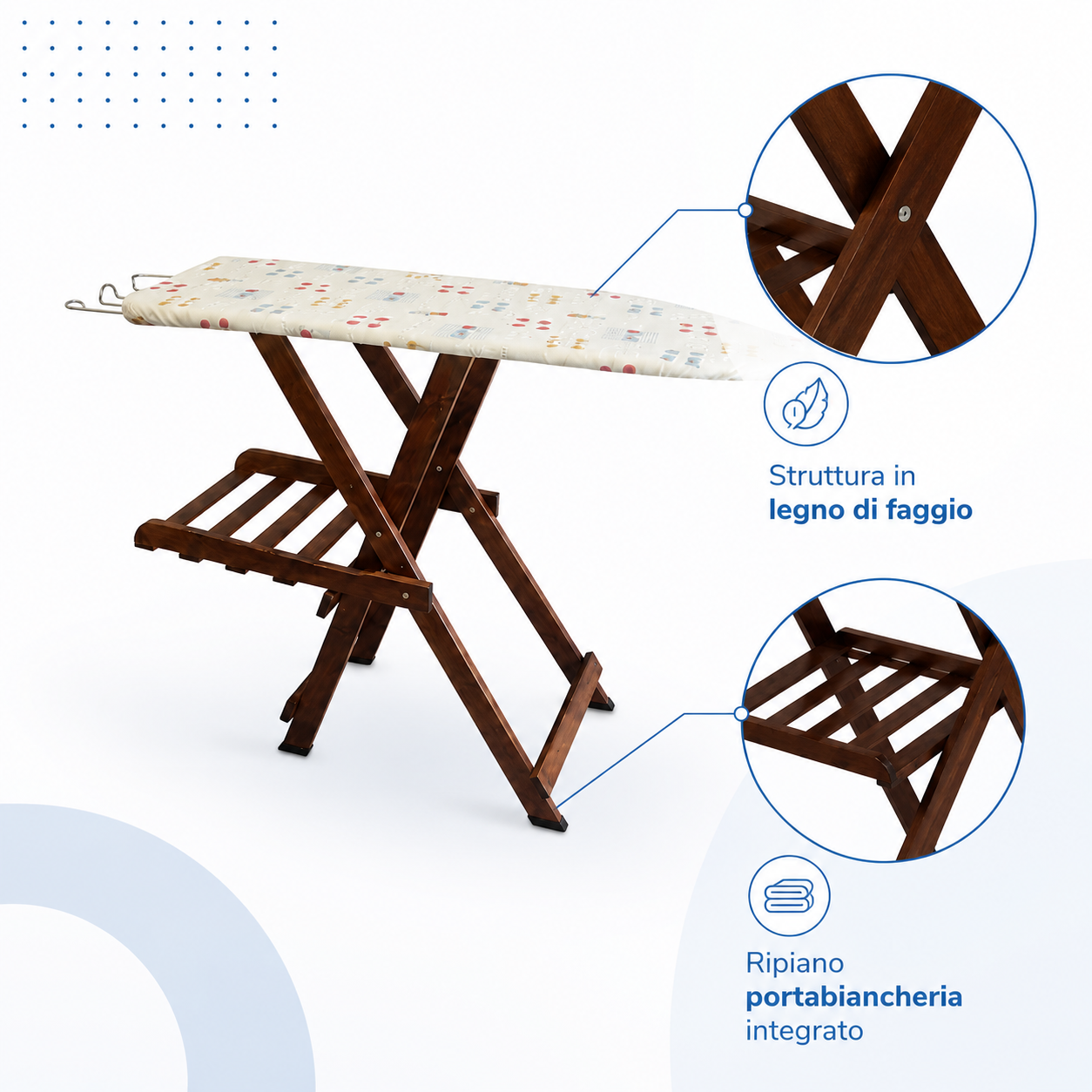 Beechwood ironing board with folding clothes rack, Diva, TOMAINO