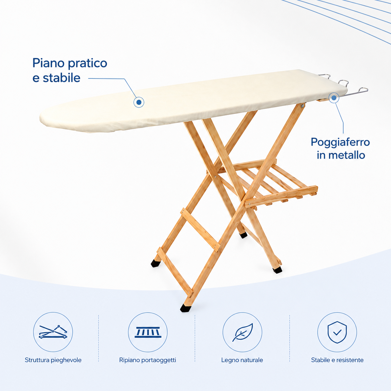 Beechwood ironing board with folding clothes rack, Diva, TOMAINO