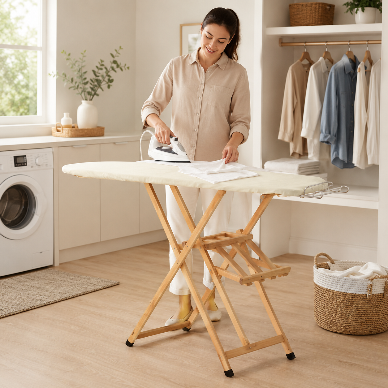 Beechwood ironing board with folding clothes rack, Diva, TOMAINO
