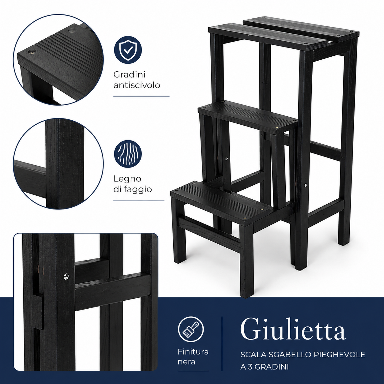 Dettaglio gradini antiscivolo e struttura in legno di faggio Giulietta