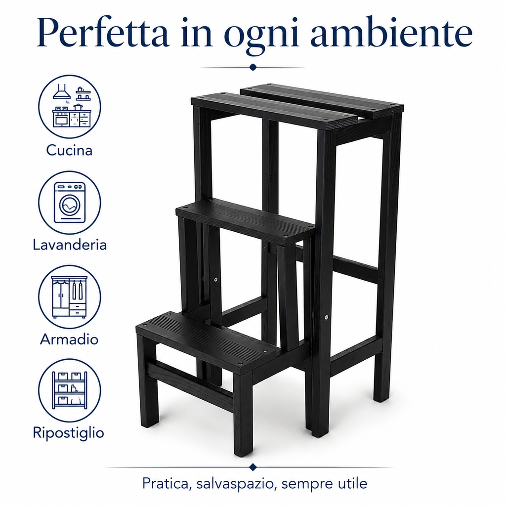 Scaletta sgabello Giulietta chiusa utilizzata come complemento d’arredo