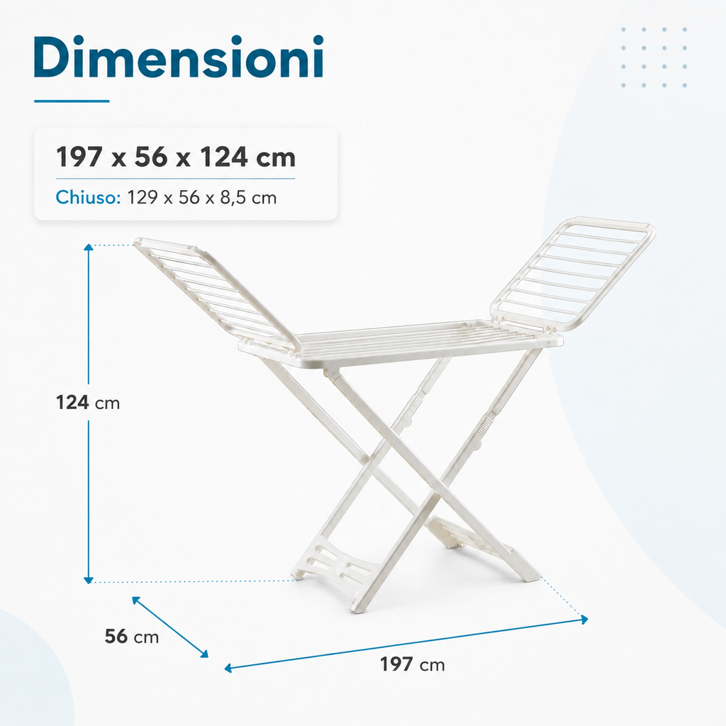 Dimensioni stendibiancheria Pegaso aperto 197x56x124 cm e chiuso 129x56x8,5 cm