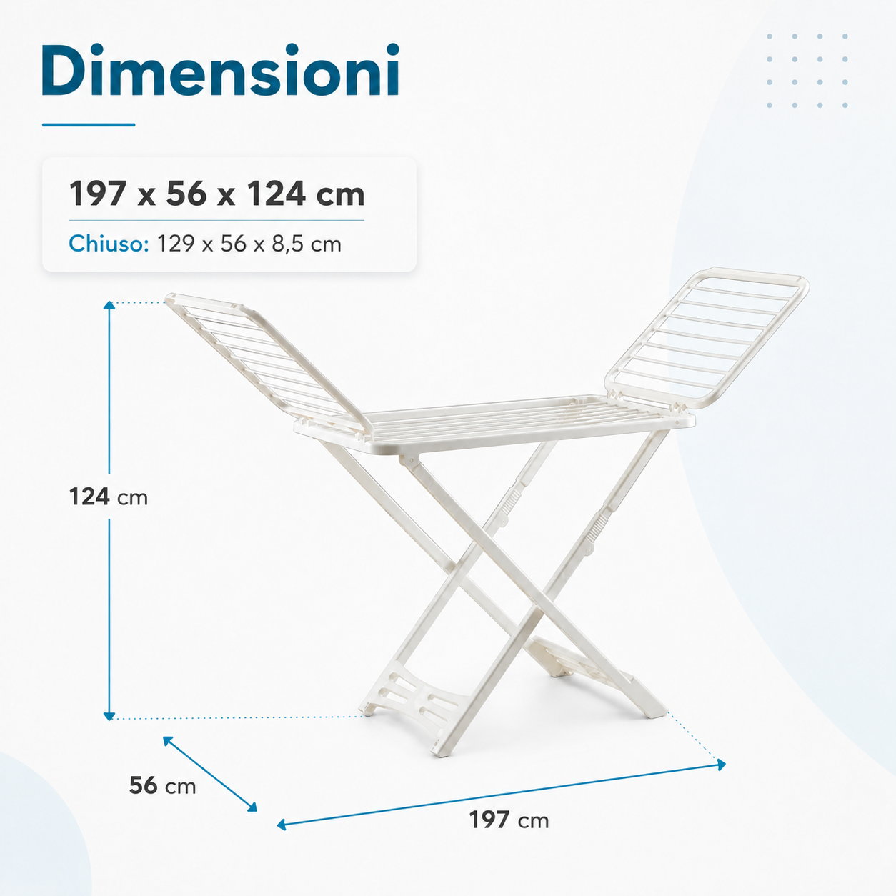 Dimensioni stendibiancheria Pegaso aperto 197x56x124 cm e chiuso 129x56x8,5 cm