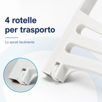 Dettaglio ruote stendibiancheria Pegaso con 4 rotelle per spostarlo facilmente