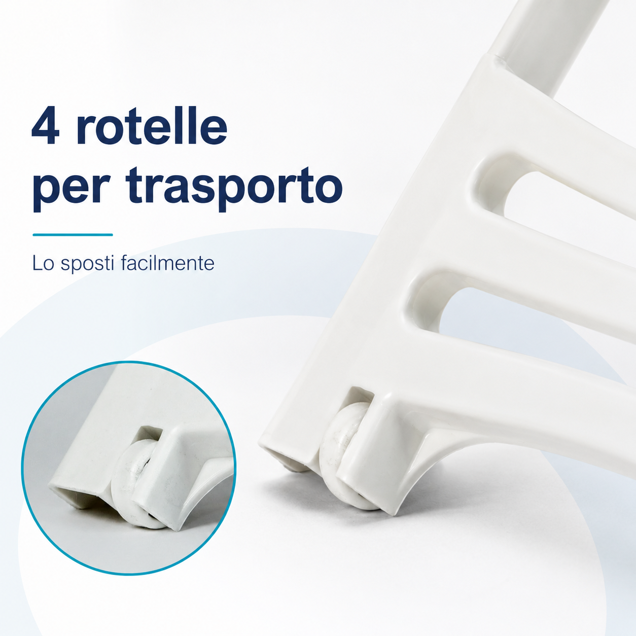 Dettaglio ruote stendibiancheria Pegaso con 4 rotelle per spostarlo facilmente