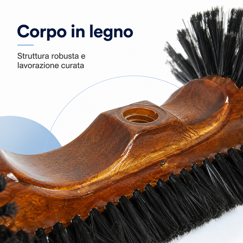 Dettaglio corpo in legno della scopa testa di lupo con struttura robusta e lavorazione curata