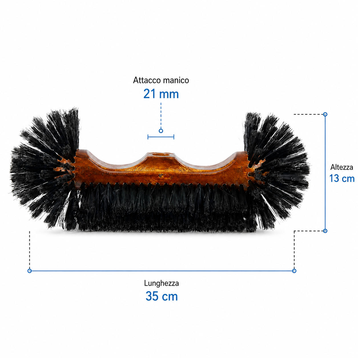 Scopa testa di lupo in legno con misure 35 cm, altezza 13 cm e attacco manico 21 mm