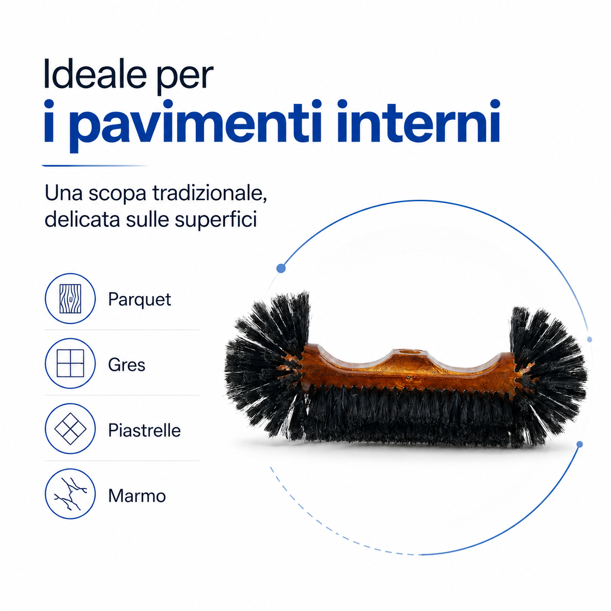 Scopa tradizionale ideale per pavimenti interni come parquet, gres, piastrelle e marmo