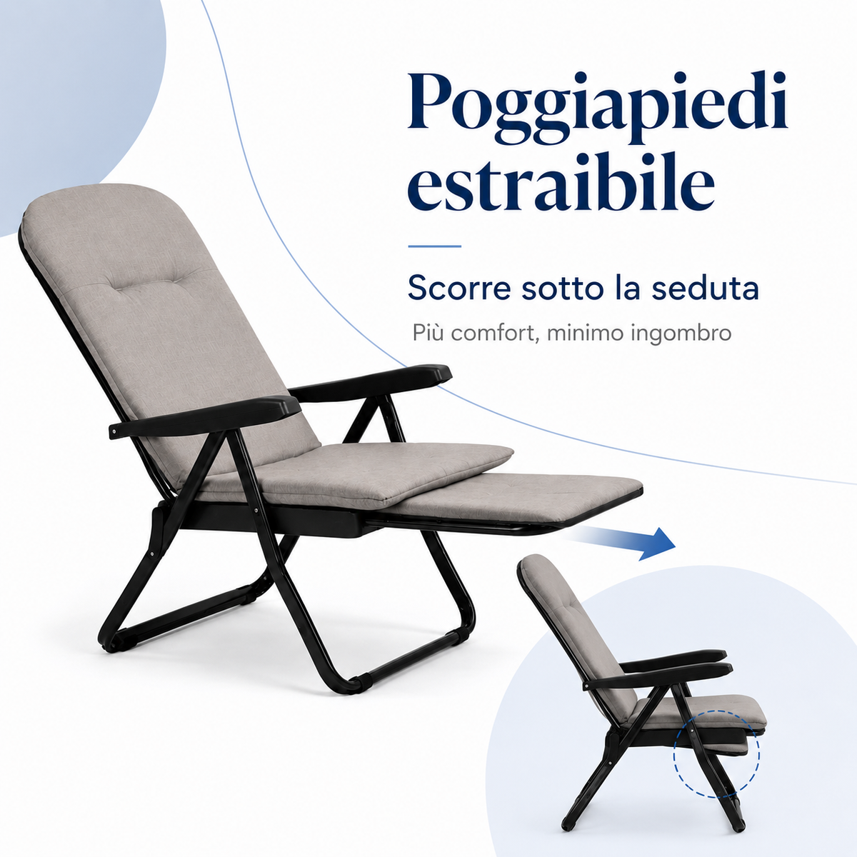 Dettaglio poggiapiedi estraibile della Poltrona Saponetta salvaspazio