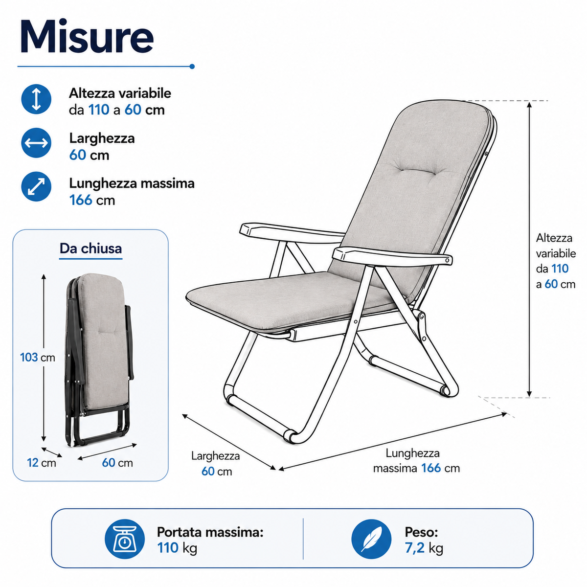 Dimensioni Poltrona Saponetta reclinabile 166 x 60 cm e portata 110 kg
