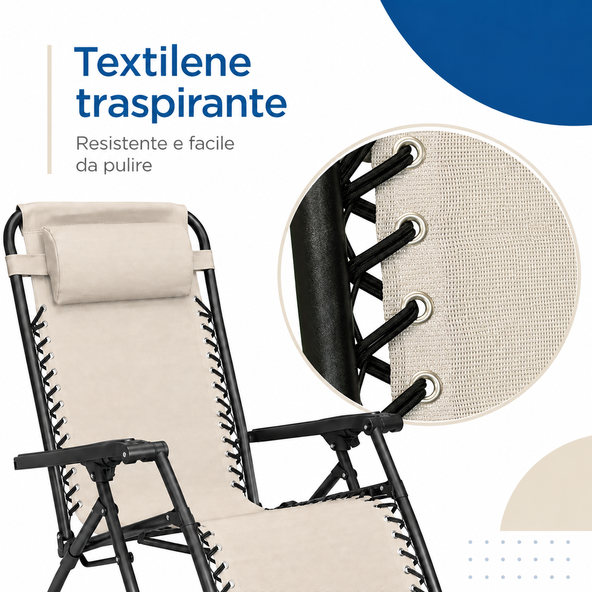 Dettaglio elastici e occhielli della sdraio reclinabile in textilene
